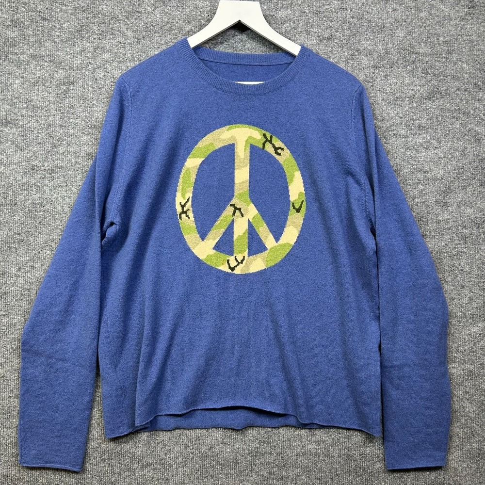 Lucien Pellat-Finet Cashmere Sweater Blue Camouflage Peace Sign Scotland - 2XL